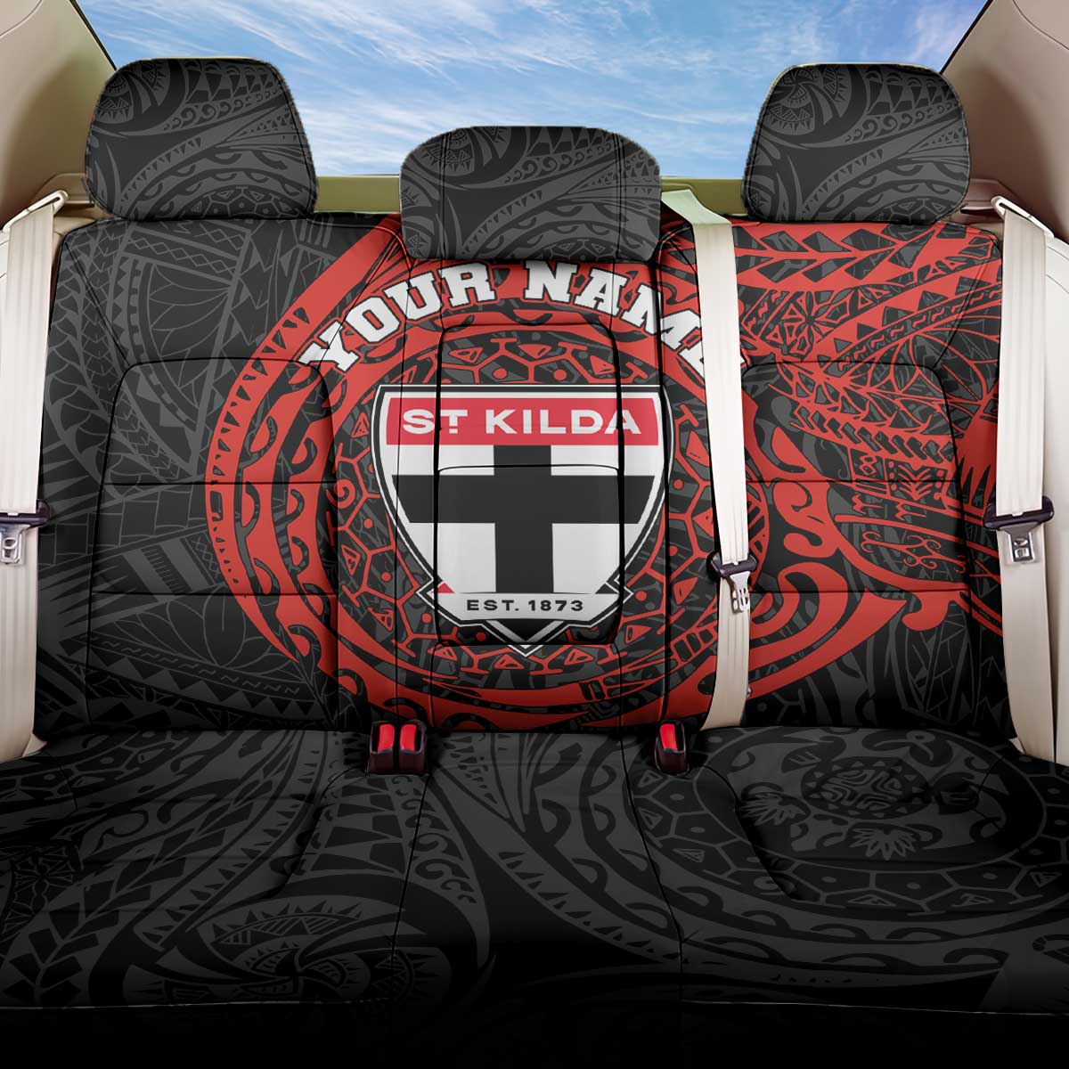 Personalized St Kilda Saints Polynesian Back Car Seat Cover Tribal Chest and Sleeve Tattoo Heritage Warrior