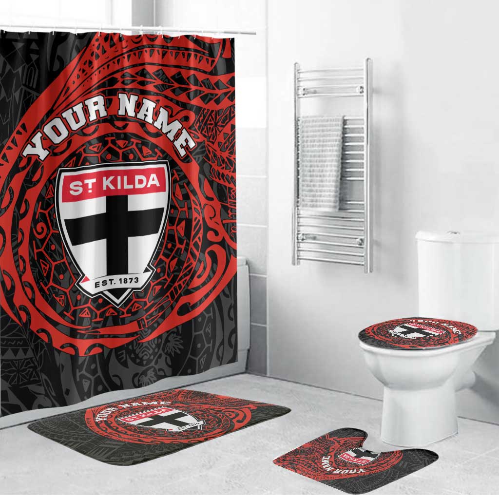 Personalized St Kilda Saints Polynesian Bathroom Set Tribal Chest and Sleeve Tattoo Heritage Warrior