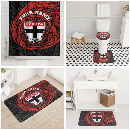 Personalized St Kilda Saints Polynesian Bathroom Set Tribal Chest and Sleeve Tattoo Heritage Warrior
