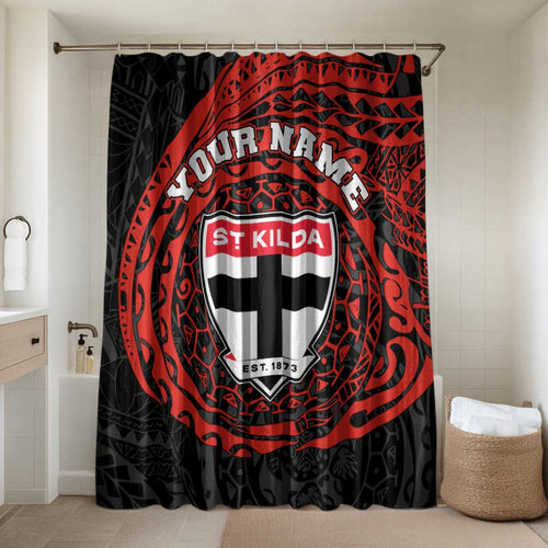 Personalized St Kilda Saints Polynesian Bathroom Set Tribal Chest and Sleeve Tattoo Heritage Warrior