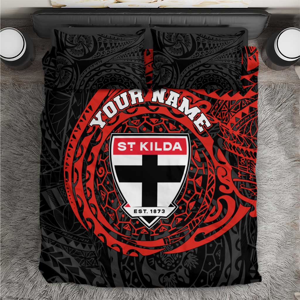 Personalized St Kilda Saints Polynesian Bedding Set Tribal Chest and Sleeve Tattoo Heritage Warrior
