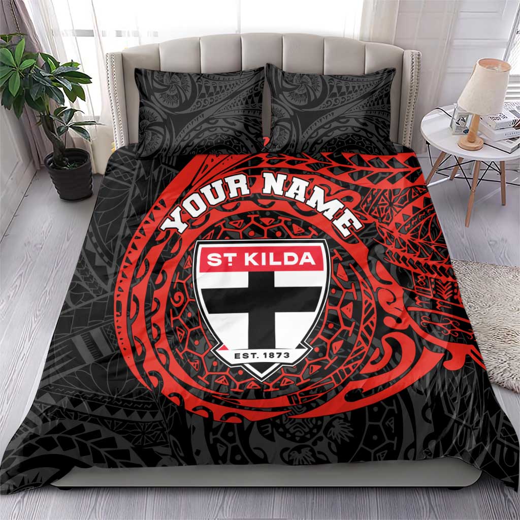 Personalized St Kilda Saints Polynesian Bedding Set Tribal Chest and Sleeve Tattoo Heritage Warrior