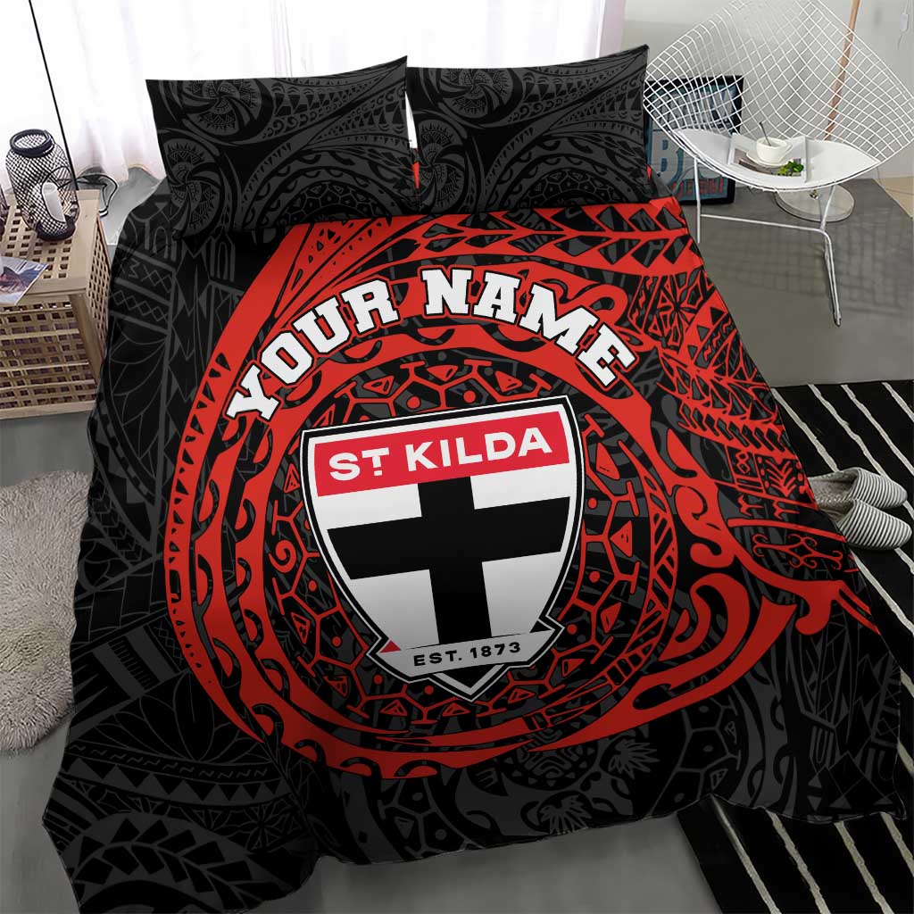 Personalized St Kilda Saints Polynesian Bedding Set Tribal Chest and Sleeve Tattoo Heritage Warrior