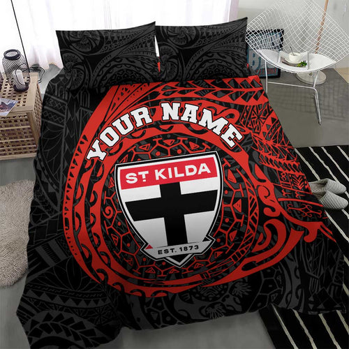 Personalized St Kilda Saints Polynesian Bedding Set Tribal Chest and Sleeve Tattoo Heritage Warrior
