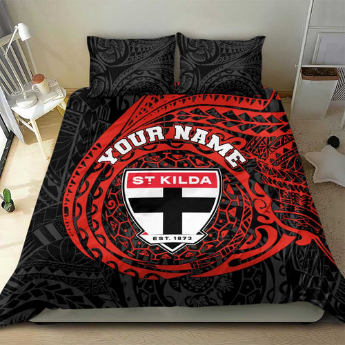 Personalized St Kilda Saints Polynesian Bedding Set Tribal Chest and Sleeve Tattoo Heritage Warrior