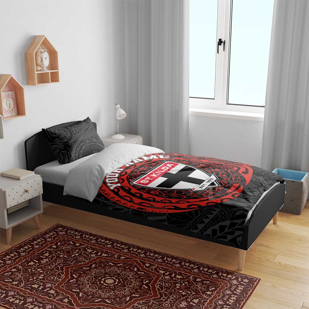 Personalized St Kilda Saints Polynesian Bedding Set Tribal Chest and Sleeve Tattoo Heritage Warrior