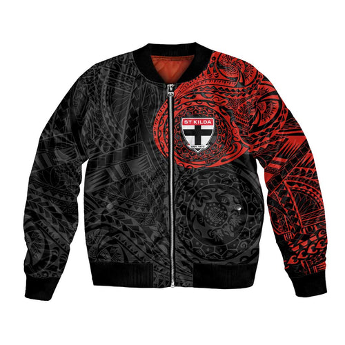 Personalized St Kilda Saints Polynesian Bomber Jacket Tribal Chest and Sleeve Tattoo Heritage Warrior