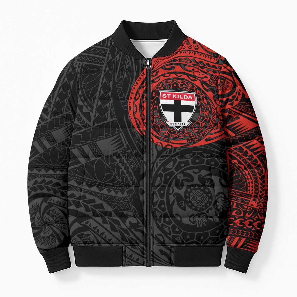 Personalized St Kilda Saints Polynesian Bomber Puffer Jacket Tribal Chest and Sleeve Tattoo Heritage Warrior