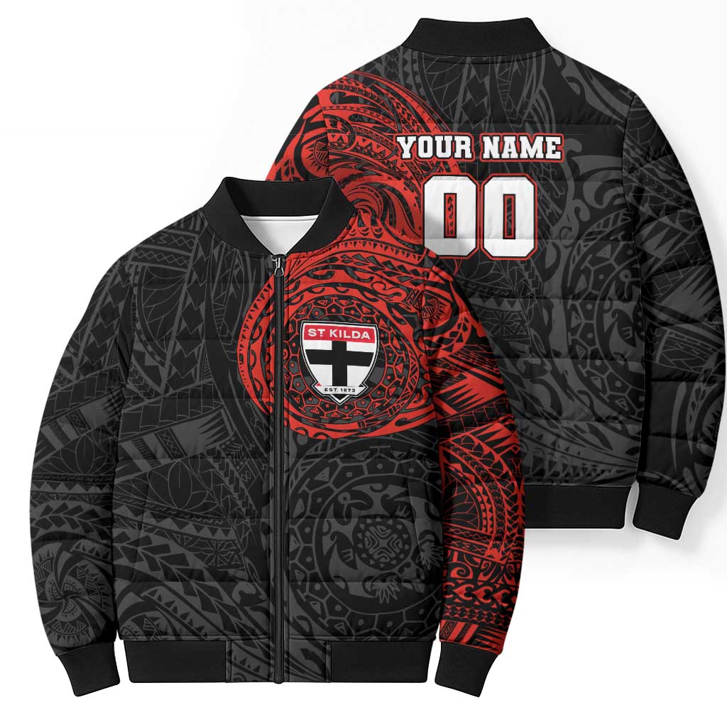 Personalized St Kilda Saints Polynesian Bomber Puffer Jacket Tribal Chest and Sleeve Tattoo Heritage Warrior