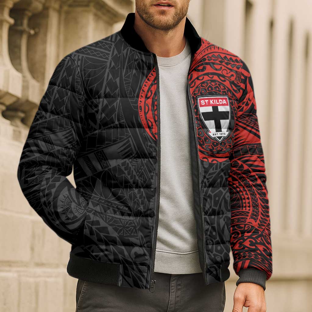 Personalized St Kilda Saints Polynesian Bomber Puffer Jacket Tribal Chest and Sleeve Tattoo Heritage Warrior