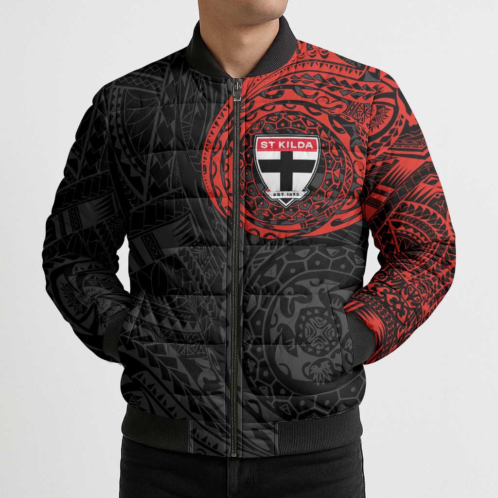 Personalized St Kilda Saints Polynesian Bomber Puffer Jacket Tribal Chest and Sleeve Tattoo Heritage Warrior