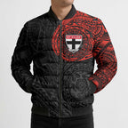 Personalized St Kilda Saints Polynesian Bomber Puffer Jacket Tribal Chest and Sleeve Tattoo Heritage Warrior
