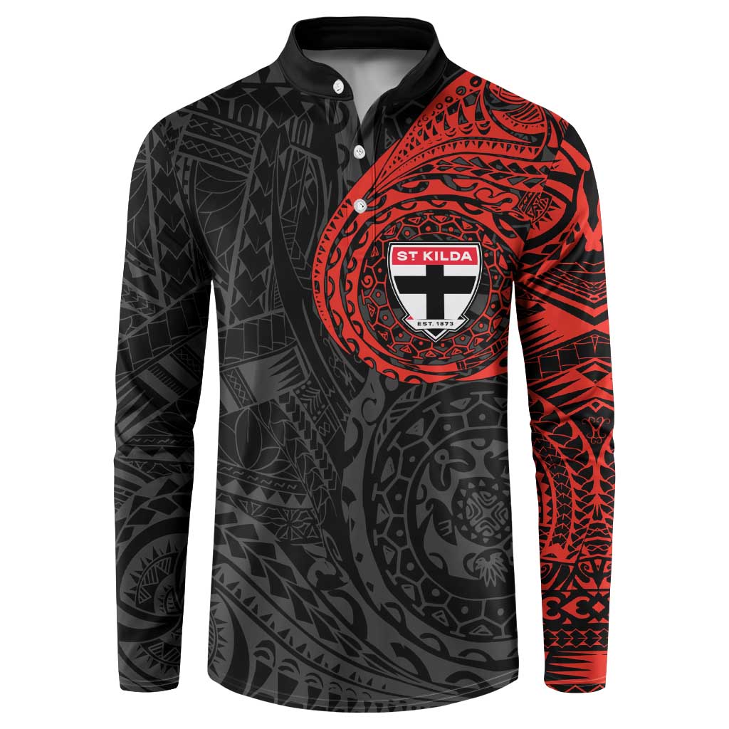 Personalized St Kilda Saints Polynesian Button Sweatshirt Tribal Chest and Sleeve Tattoo Heritage Warrior