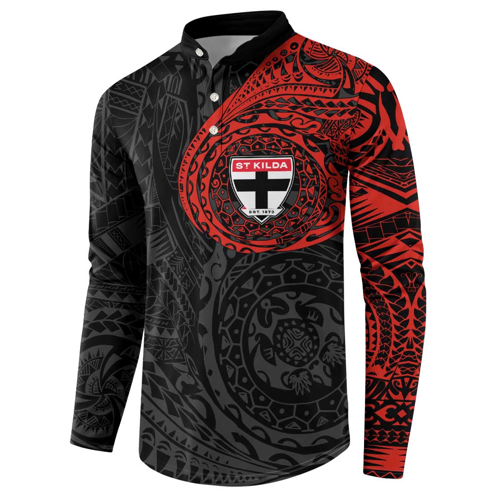 Personalized St Kilda Saints Polynesian Button Sweatshirt Tribal Chest and Sleeve Tattoo Heritage Warrior