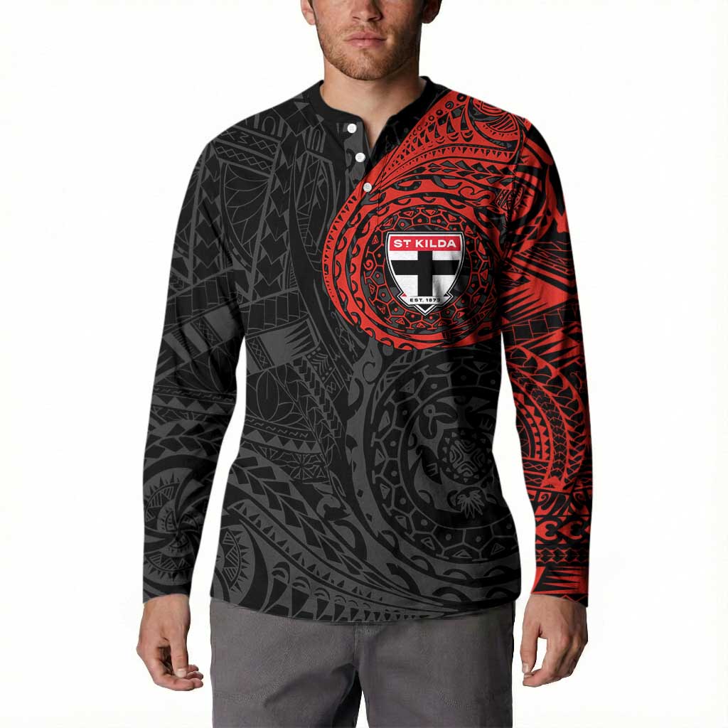 Personalized St Kilda Saints Polynesian Button Sweatshirt Tribal Chest and Sleeve Tattoo Heritage Warrior