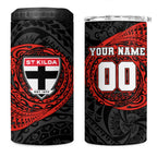 Personalized St Kilda Saints Polynesian 4 in 1 Can Cooler Tumbler Tribal Chest and Sleeve Tattoo Heritage Warrior