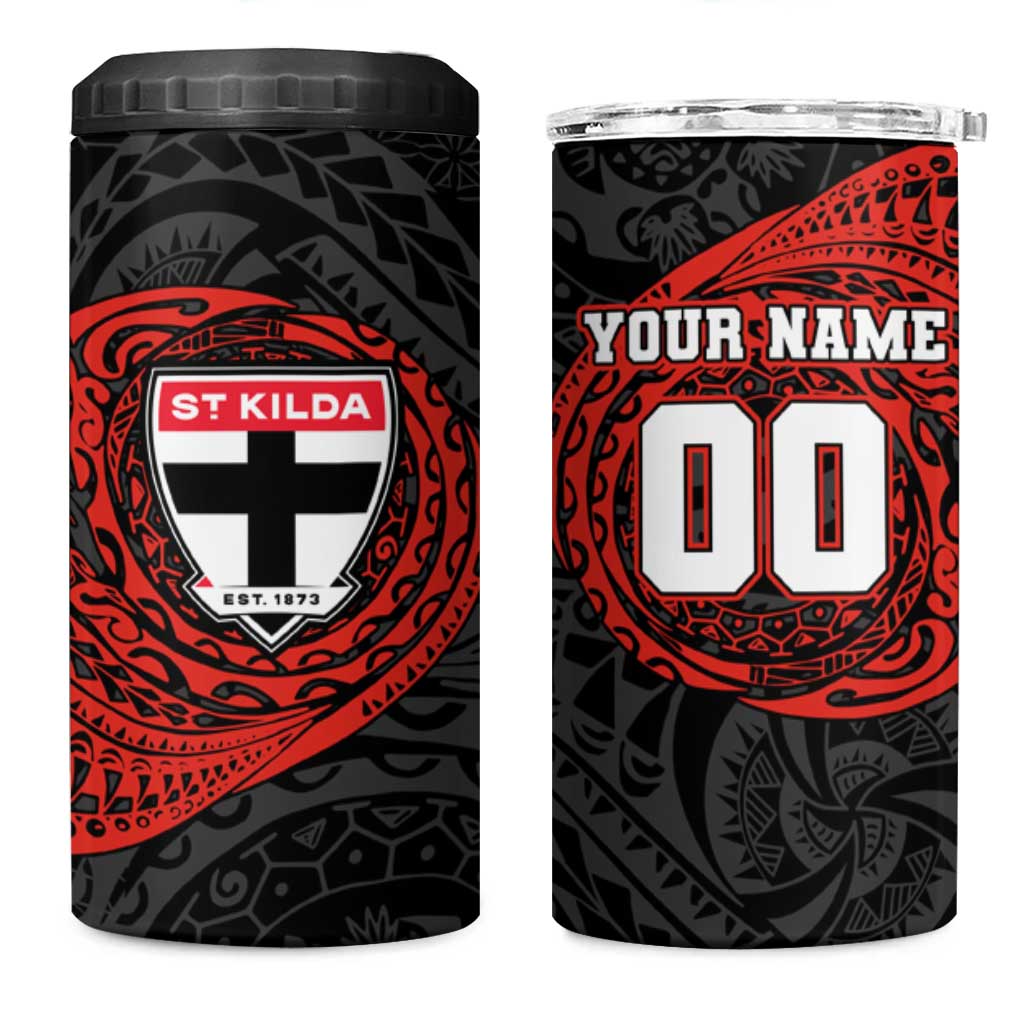 Personalized St Kilda Saints Polynesian 4 in 1 Can Cooler Tumbler Tribal Chest and Sleeve Tattoo Heritage Warrior
