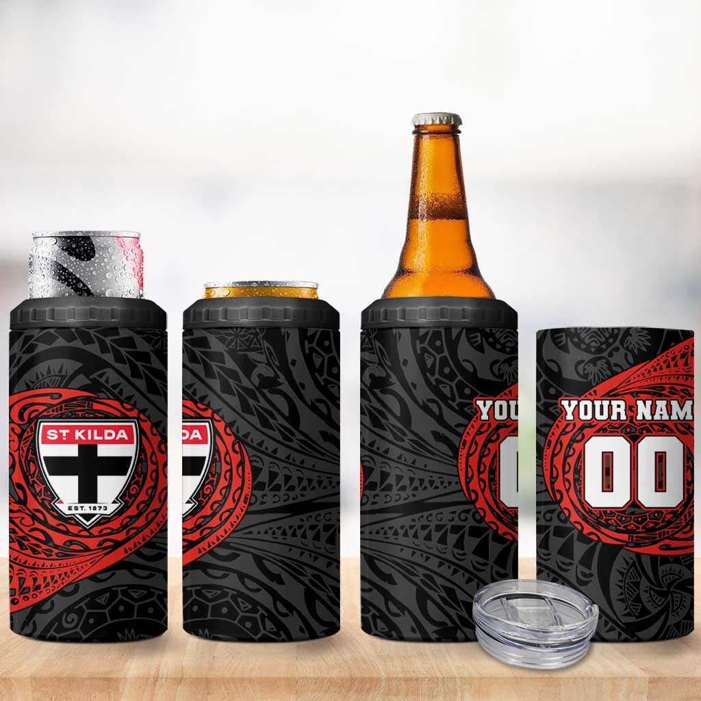 Personalized St Kilda Saints Polynesian 4 in 1 Can Cooler Tumbler Tribal Chest and Sleeve Tattoo Heritage Warrior