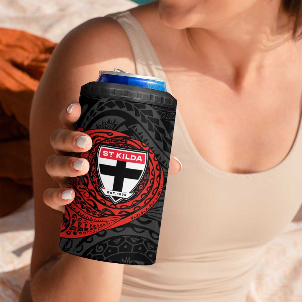 Personalized St Kilda Saints Polynesian 4 in 1 Can Cooler Tumbler Tribal Chest and Sleeve Tattoo Heritage Warrior