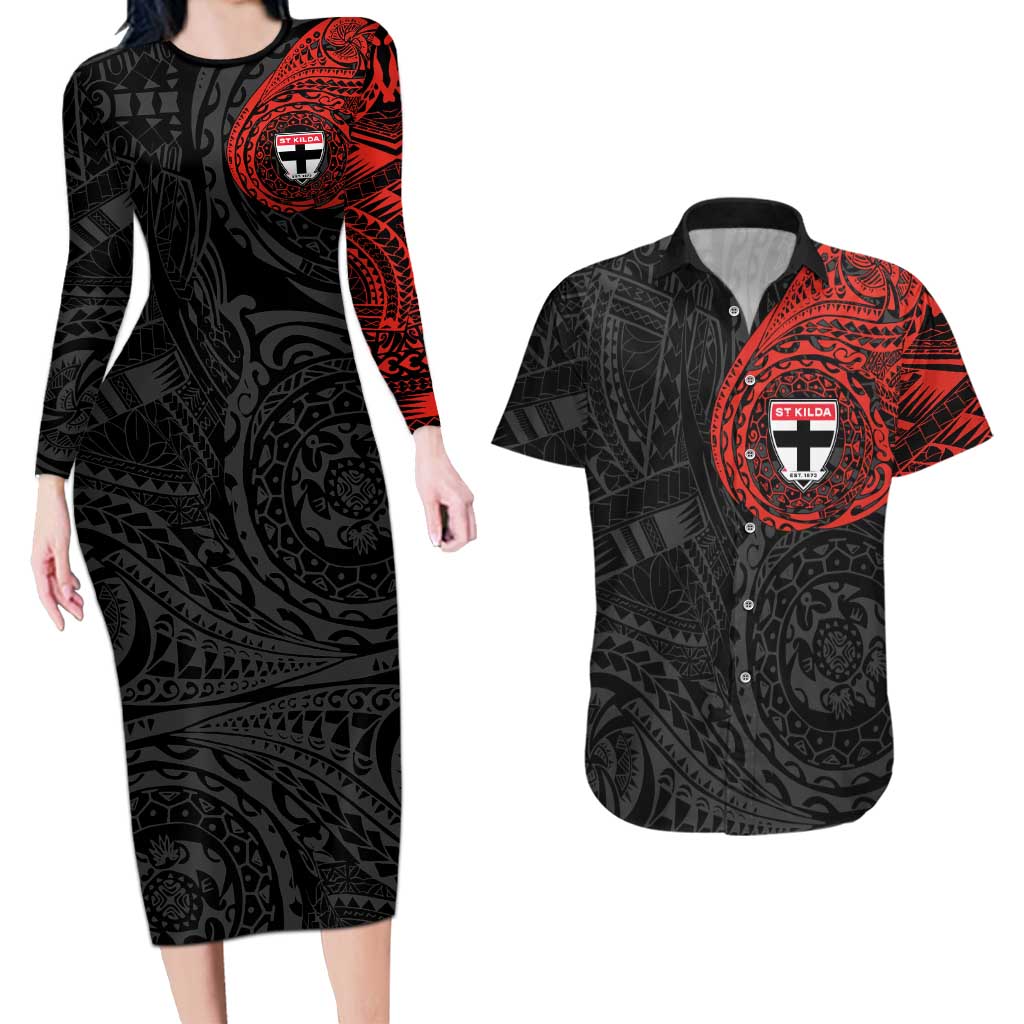 Personalized St Kilda Saints Polynesian Couples Matching Long Sleeve Bodycon Dress and Hawaiian Shirt Tribal Chest and Sleeve Tattoo Heritage Warrior