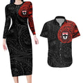 Personalized St Kilda Saints Polynesian Couples Matching Long Sleeve Bodycon Dress and Hawaiian Shirt Tribal Chest and Sleeve Tattoo Heritage Warrior