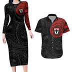 Personalized St Kilda Saints Polynesian Couples Matching Long Sleeve Bodycon Dress and Hawaiian Shirt Tribal Chest and Sleeve Tattoo Heritage Warrior