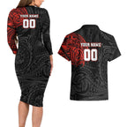 Personalized St Kilda Saints Polynesian Couples Matching Long Sleeve Bodycon Dress and Hawaiian Shirt Tribal Chest and Sleeve Tattoo Heritage Warrior