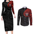 Personalized St Kilda Saints Polynesian Couples Matching Long Sleeve Bodycon Dress and Long Sleeve Button Shirt Tribal Chest and Sleeve Tattoo Heritage Warrior