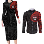 Personalized St Kilda Saints Polynesian Couples Matching Long Sleeve Bodycon Dress and Long Sleeve Button Shirt Tribal Chest and Sleeve Tattoo Heritage Warrior