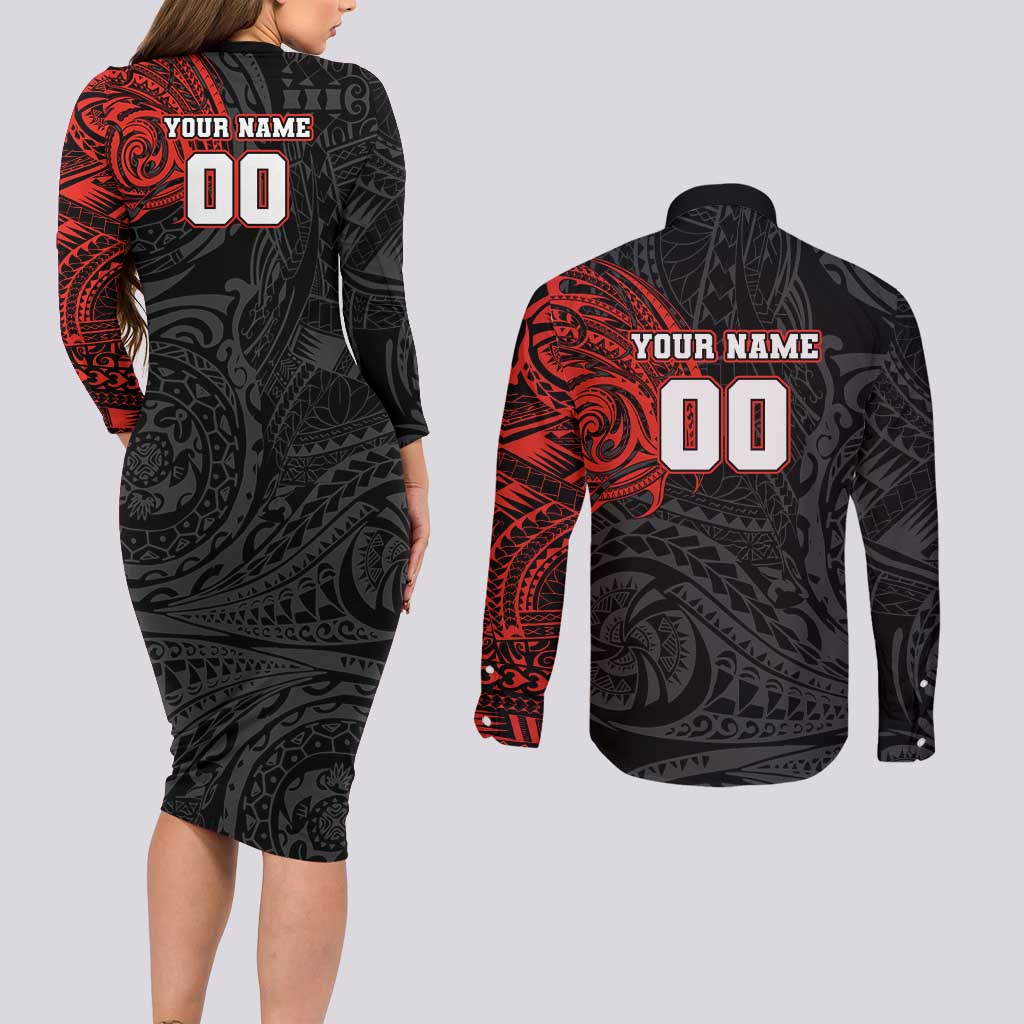 Personalized St Kilda Saints Polynesian Couples Matching Long Sleeve Bodycon Dress and Long Sleeve Button Shirt Tribal Chest and Sleeve Tattoo Heritage Warrior