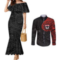 Personalized St Kilda Saints Polynesian Couples Matching Mermaid Dress and Long Sleeve Button Shirt Tribal Chest and Sleeve Tattoo Heritage Warrior