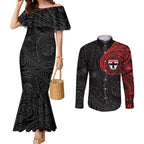 Personalized St Kilda Saints Polynesian Couples Matching Mermaid Dress and Long Sleeve Button Shirt Tribal Chest and Sleeve Tattoo Heritage Warrior