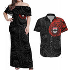 Personalized St Kilda Saints Polynesian Couples Matching Off Shoulder Maxi Dress and Hawaiian Shirt Tribal Chest and Sleeve Tattoo Heritage Warrior