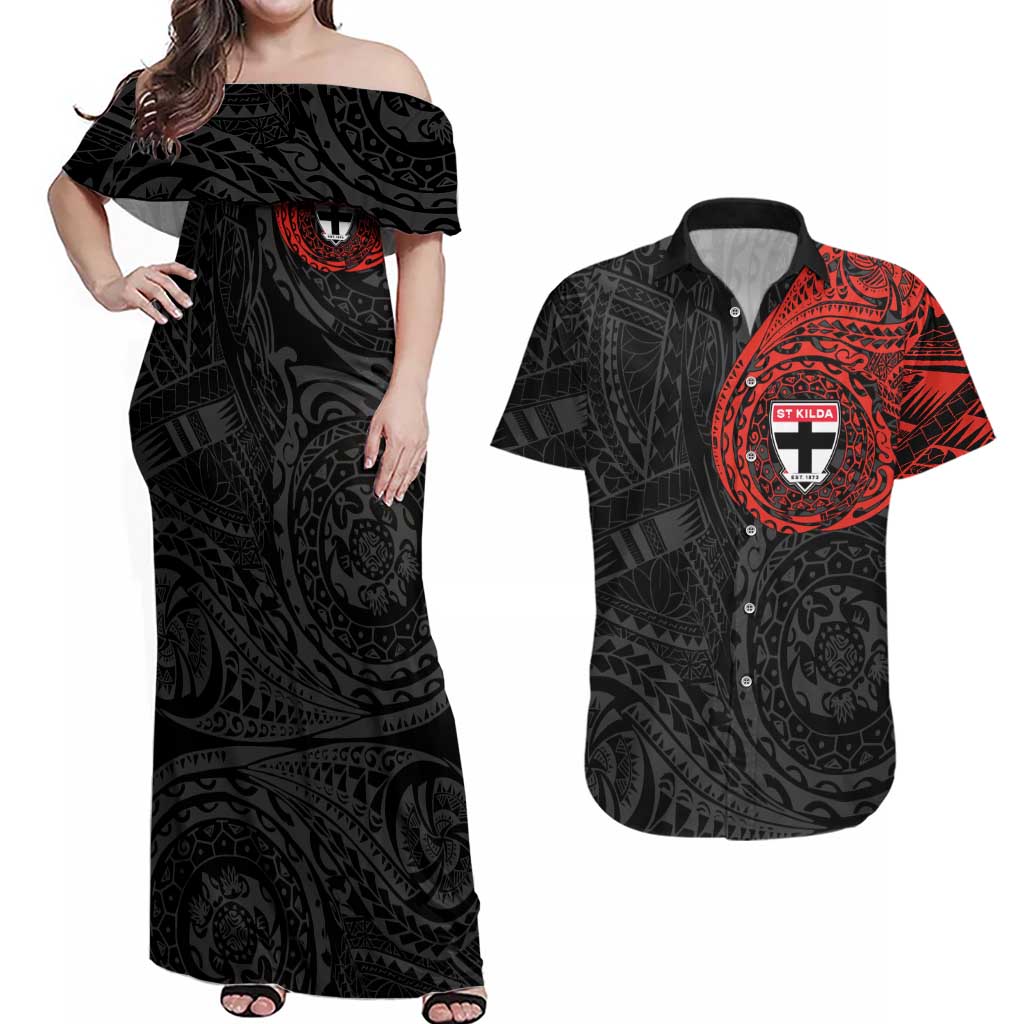 Personalized St Kilda Saints Polynesian Couples Matching Off Shoulder Maxi Dress and Hawaiian Shirt Tribal Chest and Sleeve Tattoo Heritage Warrior