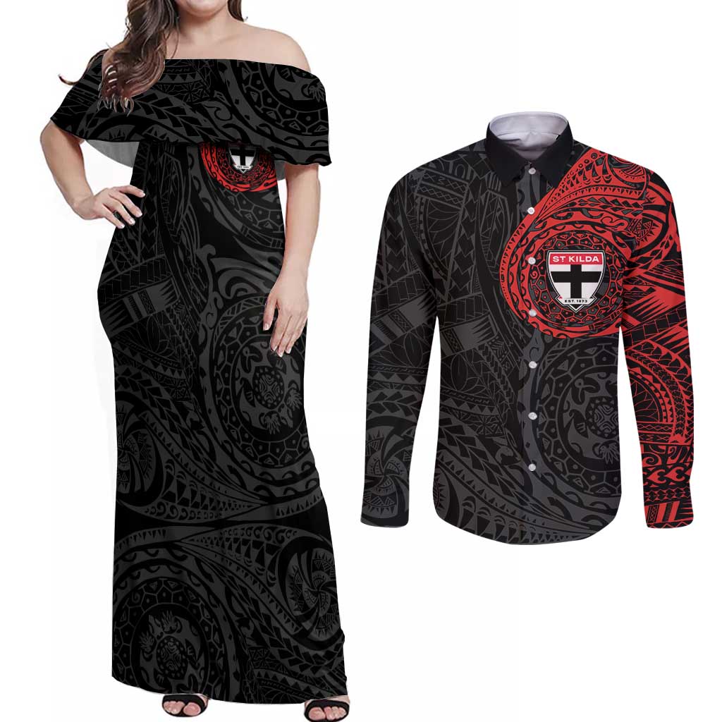 Personalized St Kilda Saints Polynesian Couples Matching Off Shoulder Maxi Dress and Long Sleeve Button Shirt Tribal Chest and Sleeve Tattoo Heritage Warrior