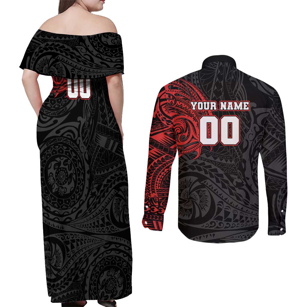 Personalized St Kilda Saints Polynesian Couples Matching Off Shoulder Maxi Dress and Long Sleeve Button Shirt Tribal Chest and Sleeve Tattoo Heritage Warrior