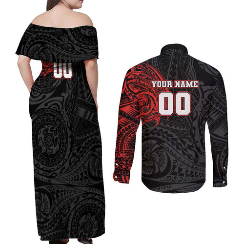 Personalized St Kilda Saints Polynesian Couples Matching Off Shoulder Maxi Dress and Long Sleeve Button Shirt Tribal Chest and Sleeve Tattoo Heritage Warrior