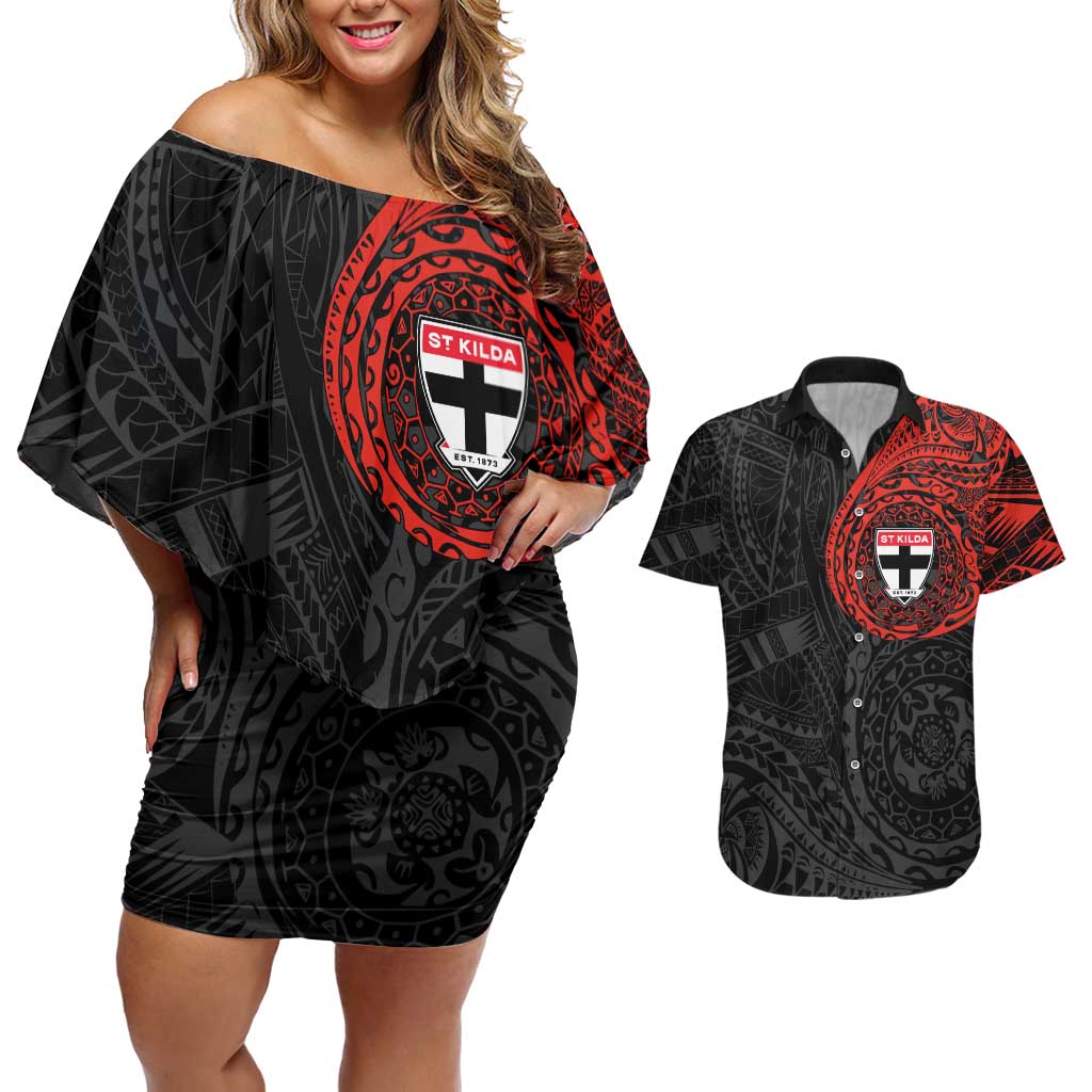 Personalized St Kilda Saints Polynesian Couples Matching Off Shoulder Short Dress and Hawaiian Shirt Tribal Chest and Sleeve Tattoo Heritage Warrior