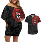 Personalized St Kilda Saints Polynesian Couples Matching Off Shoulder Short Dress and Hawaiian Shirt Tribal Chest and Sleeve Tattoo Heritage Warrior