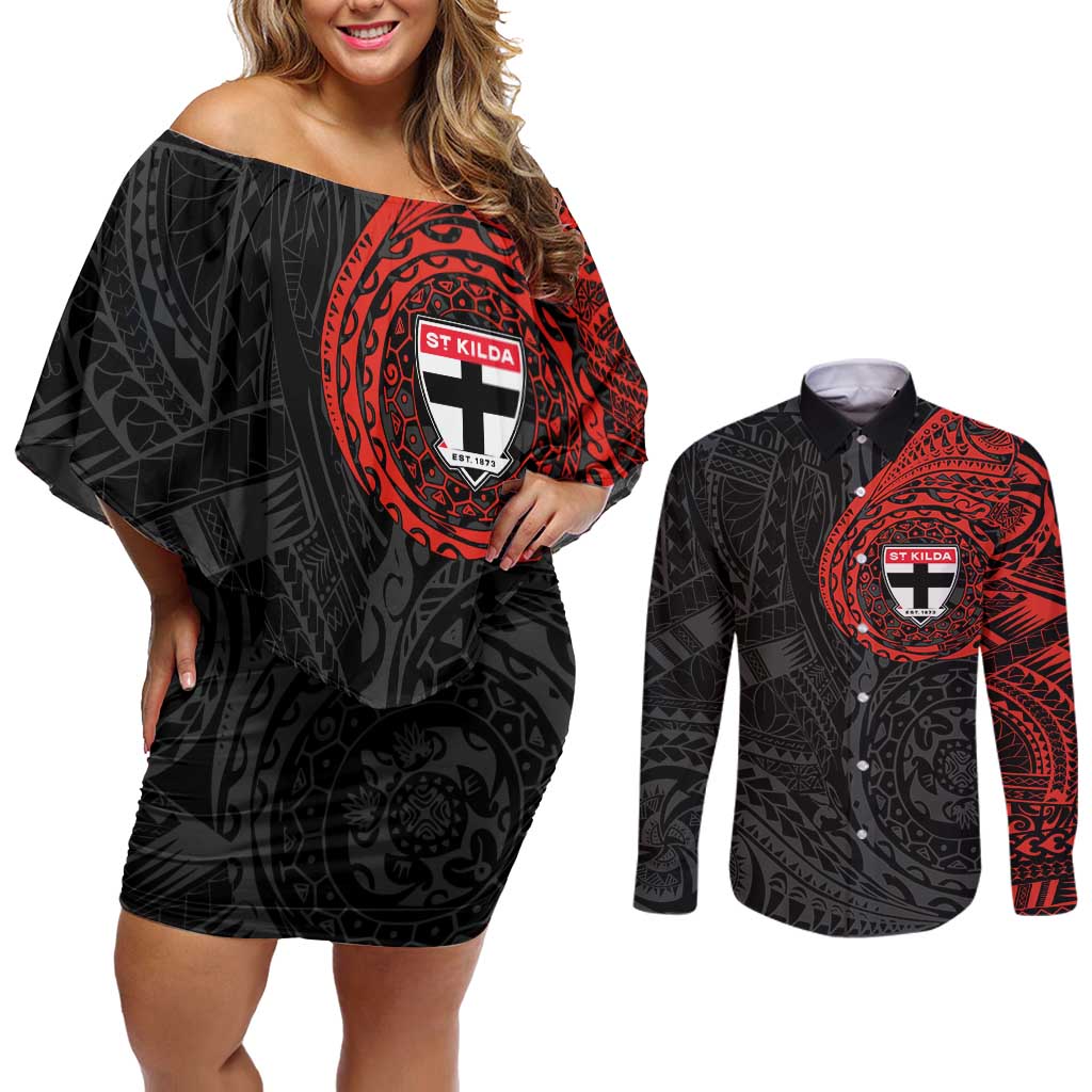 Personalized St Kilda Saints Polynesian Couples Matching Off Shoulder Short Dress and Long Sleeve Button Shirt Tribal Chest and Sleeve Tattoo Heritage Warrior