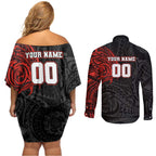 Personalized St Kilda Saints Polynesian Couples Matching Off Shoulder Short Dress and Long Sleeve Button Shirt Tribal Chest and Sleeve Tattoo Heritage Warrior