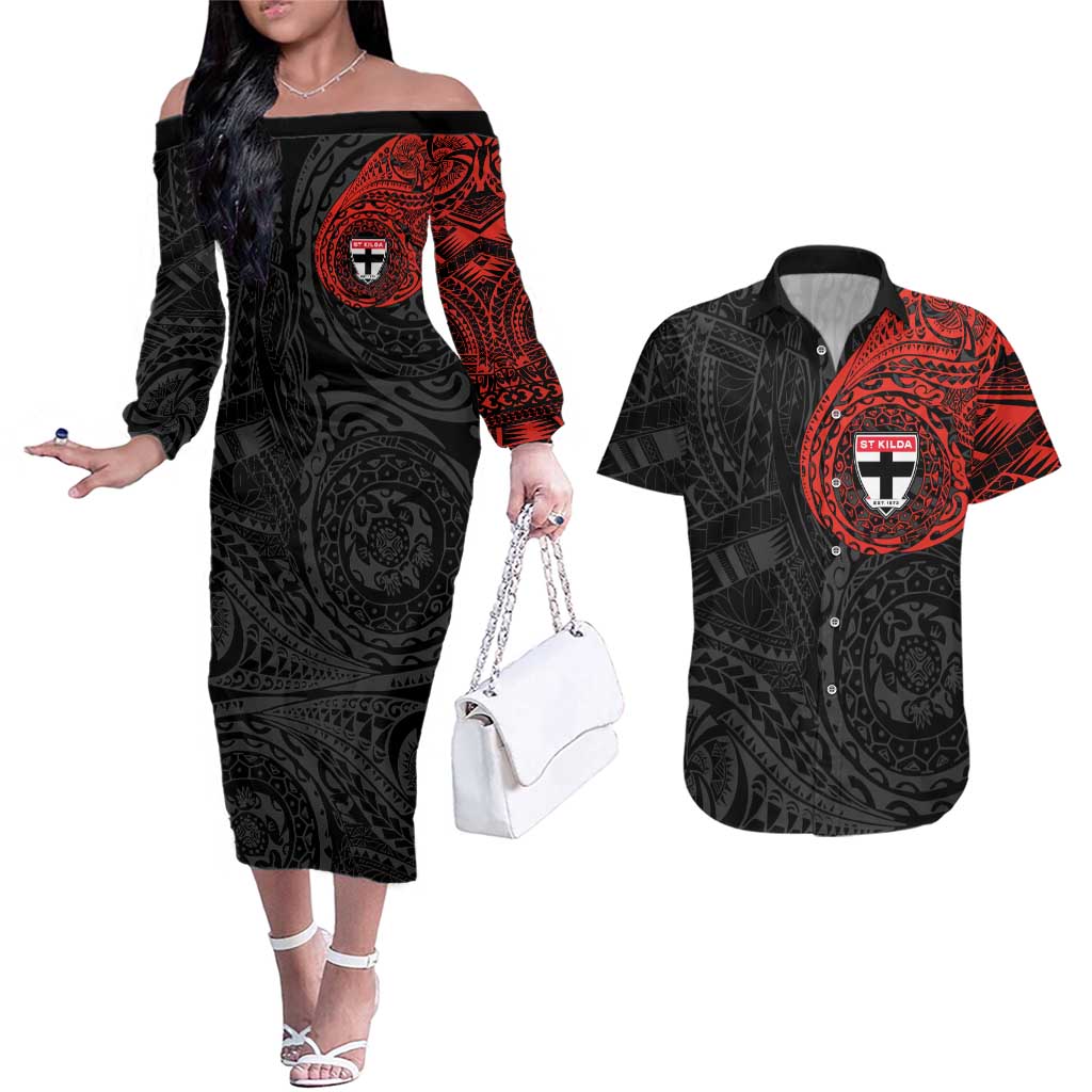 Personalized St Kilda Saints Polynesian Couples Matching Off The Shoulder Long Sleeve Dress and Hawaiian Shirt Tribal Chest and Sleeve Tattoo Heritage Warrior