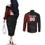 Personalized St Kilda Saints Polynesian Couples Matching Off The Shoulder Long Sleeve Dress and Long Sleeve Button Shirt Tribal Chest and Sleeve Tattoo Heritage Warrior