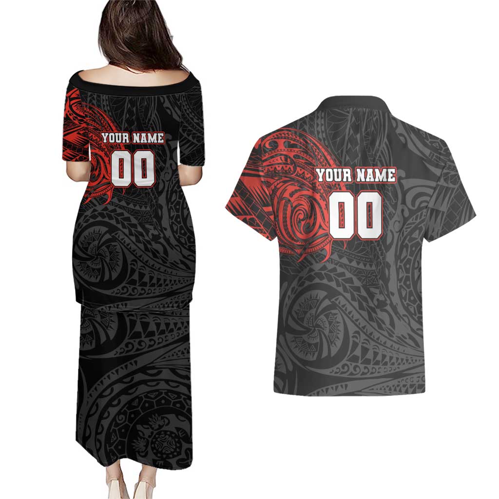 Personalized St Kilda Saints Polynesian Couples Matching Puletasi and Hawaiian Shirt Tribal Chest and Sleeve Tattoo Heritage Warrior