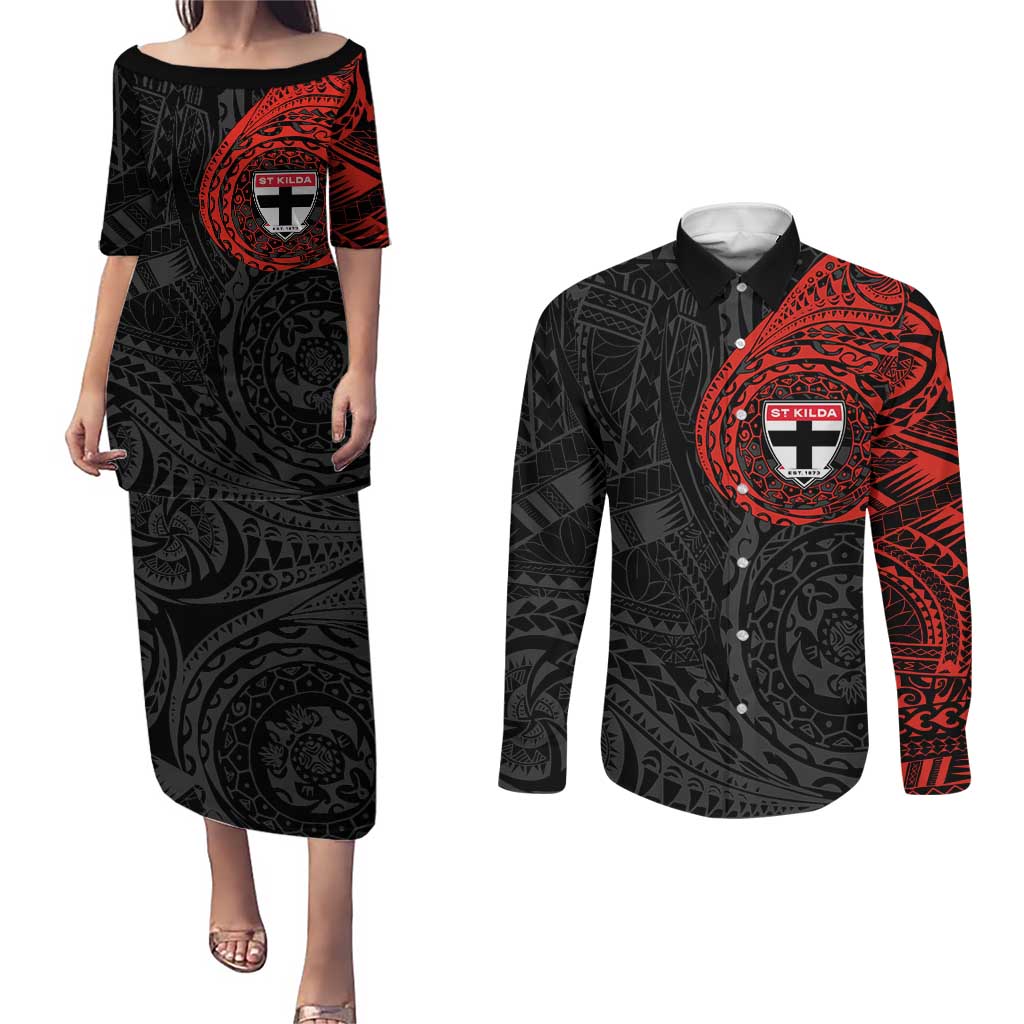 Personalized St Kilda Saints Polynesian Couples Matching Puletasi and Long Sleeve Button Shirt Tribal Chest and Sleeve Tattoo Heritage Warrior