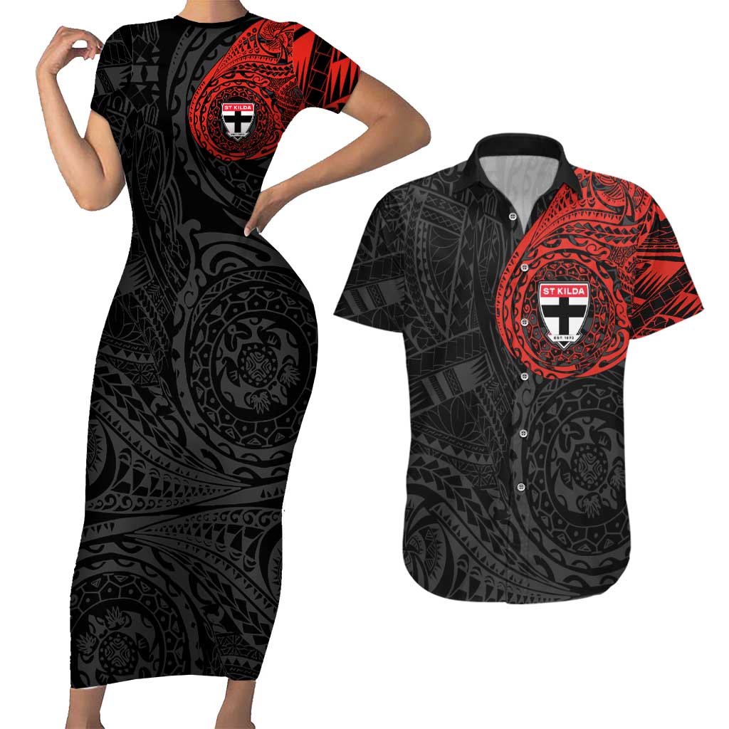 Personalized St Kilda Saints Polynesian Couples Matching Short Sleeve Bodycon Dress and Hawaiian Shirt Tribal Chest and Sleeve Tattoo Heritage Warrior