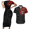 Personalized St Kilda Saints Polynesian Couples Matching Short Sleeve Bodycon Dress and Hawaiian Shirt Tribal Chest and Sleeve Tattoo Heritage Warrior
