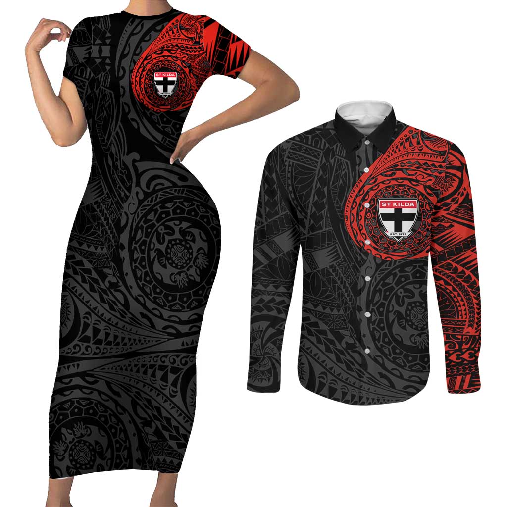 Personalized St Kilda Saints Polynesian Couples Matching Short Sleeve Bodycon Dress and Long Sleeve Button Shirt Tribal Chest and Sleeve Tattoo Heritage Warrior