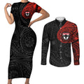 Personalized St Kilda Saints Polynesian Couples Matching Short Sleeve Bodycon Dress and Long Sleeve Button Shirt Tribal Chest and Sleeve Tattoo Heritage Warrior