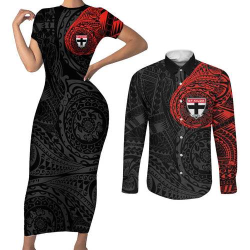 Personalized St Kilda Saints Polynesian Couples Matching Short Sleeve Bodycon Dress and Long Sleeve Button Shirt Tribal Chest and Sleeve Tattoo Heritage Warrior